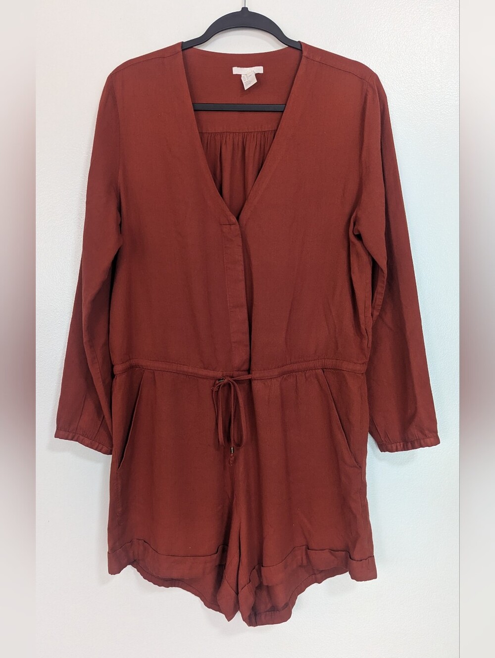 H&M Orange Rust Terracotta Long Sleeve Tie Waist Romper Size 12